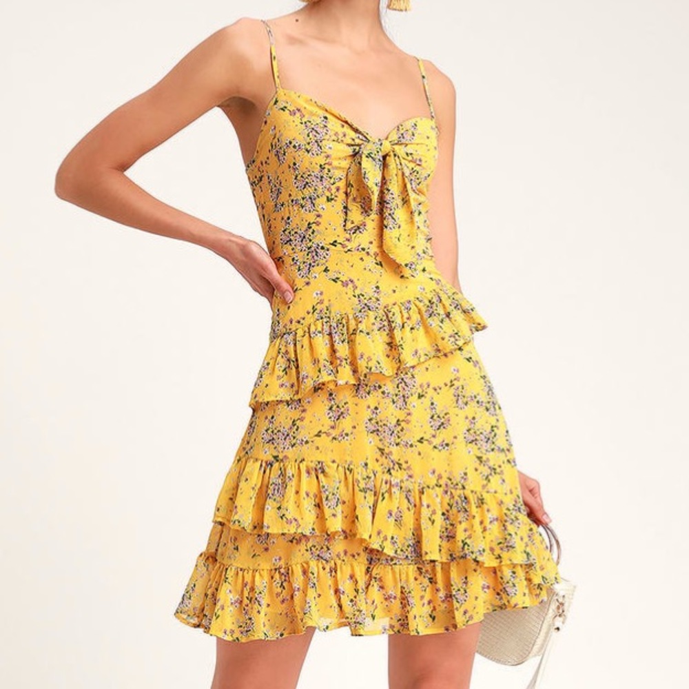 Lulu's Yellow Floral Tie-Front Ruffle Mini Dress
